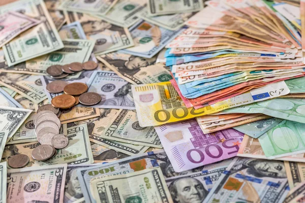 Mnoho Dolar Euro Bankovky Mince Koncepce Financí — Stock fotografie