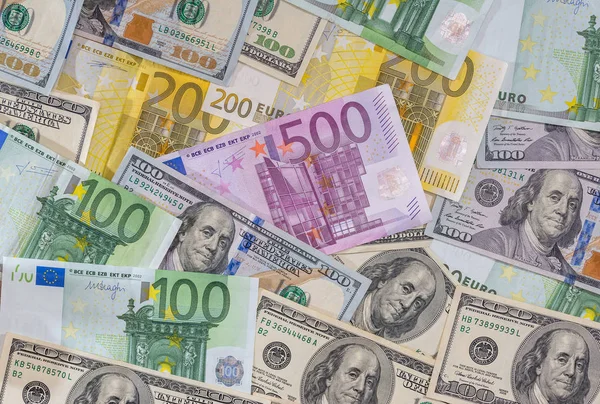 Dolar Euro Poznámky Pozadí Jako Obchodní Koncept — Stock fotografie