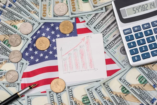 usa flag and money with graph, pen and calculator.