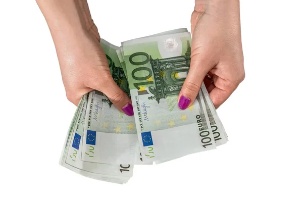 Ženská Ruka Vám 100 Euro Bankovky Izolované Bílém — Stock fotografie