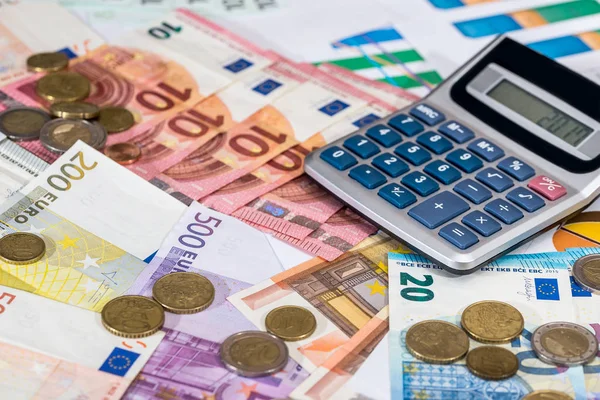 Kalkulačka Euro Mince Ležící Eurobankovky — Stock fotografie