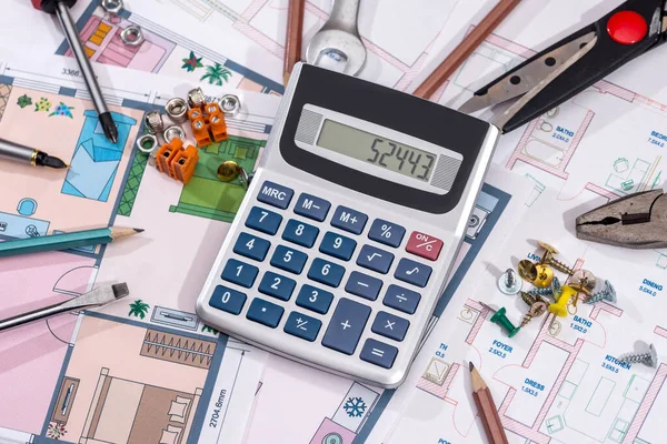 Plannen Van Huisbouw Met Tekengereedschappen Macro — Stockfoto