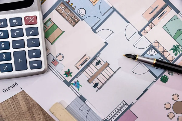 Planos Arquitectónicos Para Dibujo Del Proyecto Con Lápiz Calculadora — Foto de Stock