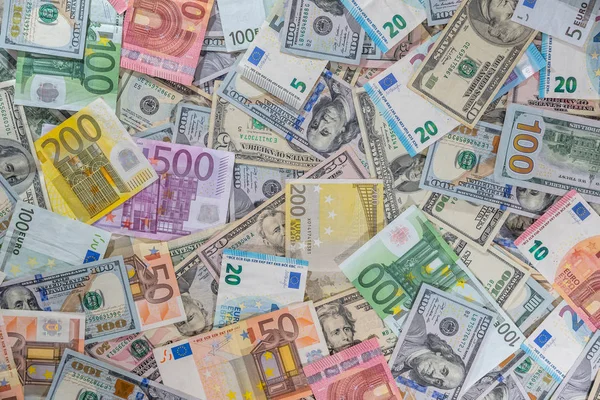 Muitos Dólares Notas Euro Como Pano Fundo — Fotografia de Stock