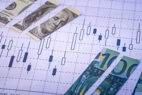 外国為替グラフに引き裂かれたドルとユーロの手形 — ストック写真