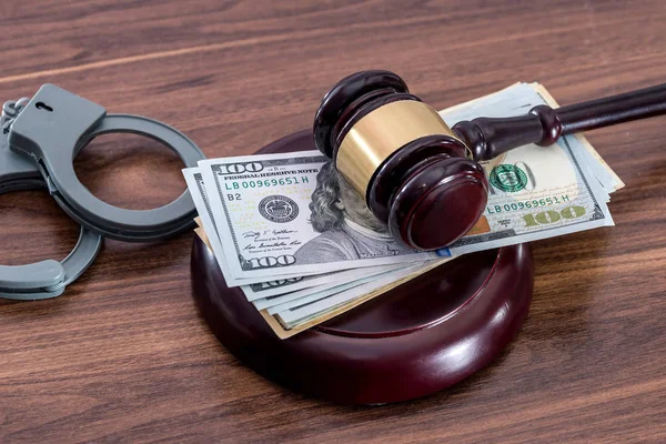 Wooden Gavel Handcuffs Dollar Bills Desk — Stock Photo, Image