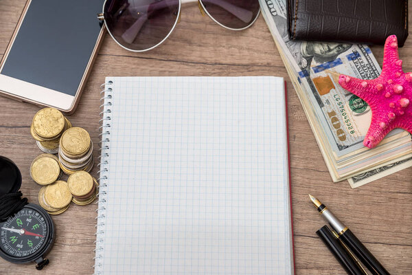 trip accessories - empty notepad, money, map and compass