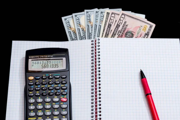 Concepto Negocio Calculadora Pluma Cuaderno Dinero — Foto de Stock