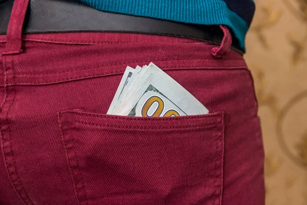 Dollar Banknotes Red Jeans Pocket Closeup — Stock Photo, Image