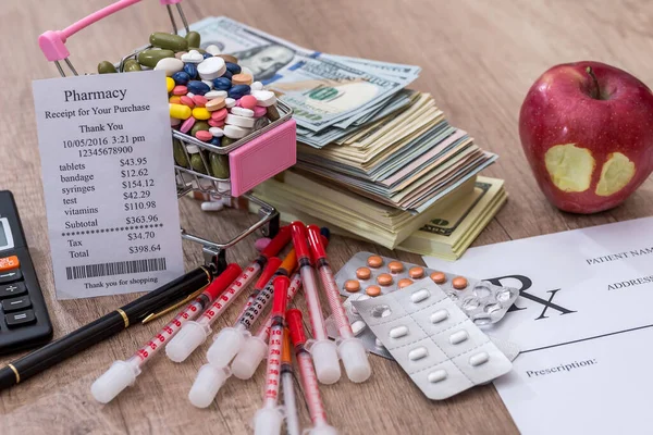 pills, money, syringe, insulin. rx on desk