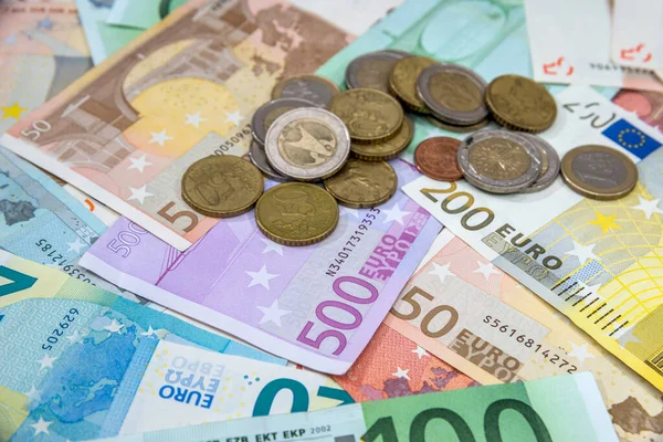 Euron Pengar Bakgrund Med Sedlar Och Mynt — Stockfoto