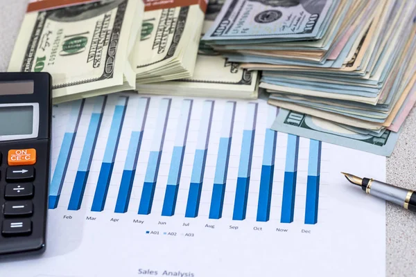 finance concept - money, graph, pen and calculator