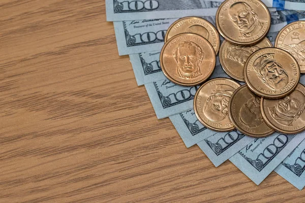 Coins One Hundred Dollar Banknotes Currency — 스톡 사진