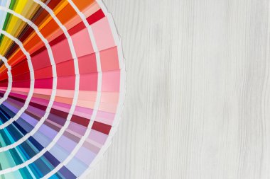 Açık ahşap arkaplan üzerindeki renk rehberi, üst görünüm