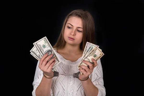 Dollár Kenőpénz Női Kézre Bilincselve — Stock Fotó