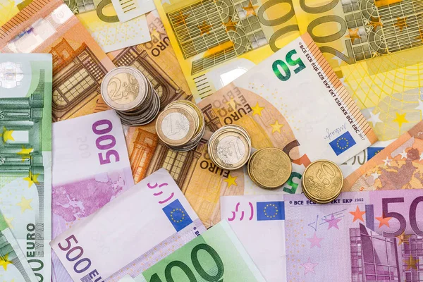 Monete Euro Sulle Banconote Euro Come Sfondo — Foto Stock