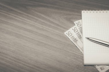 Avro banknotlu boş not defteri, masada kalem. renklendirilmiş resim