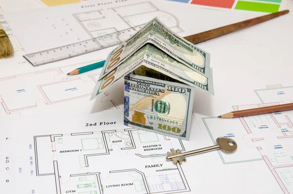 Bouwplan Pen Geld Modelhuis — Stockfoto