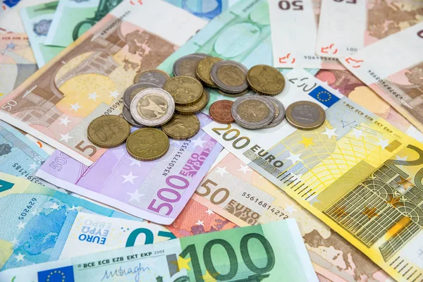 Moneta Euro Sfondo Con Banconote Monete — Foto Stock