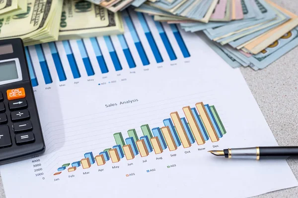 finance concept - money, graph, pen and calculator