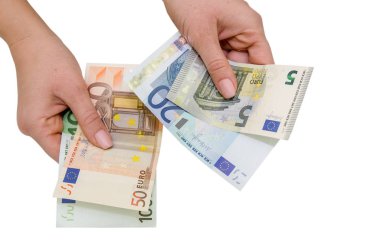 Eupo banknotları kadının elinde, izole edilmiş.