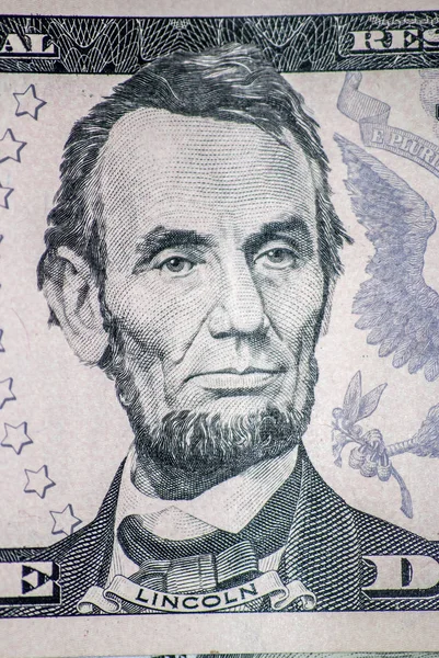 Lincoln Sulla Macro Banconota Cinque Dollari — Foto Stock