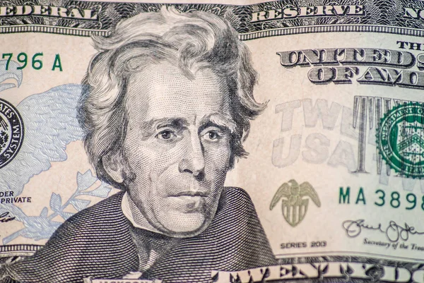 Macro Retrato Jackson Billete Veinte Dólares —  Fotos de Stock