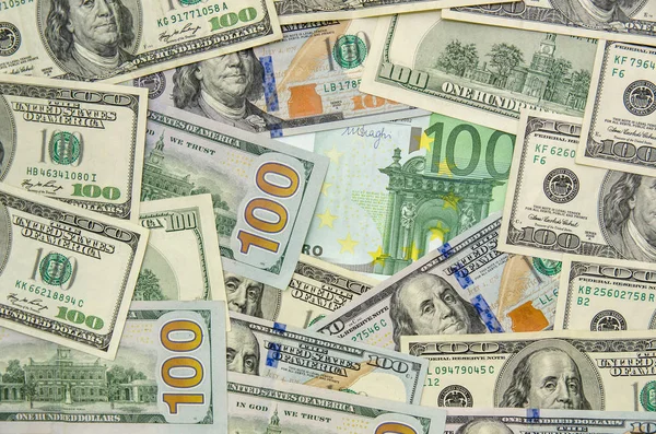 Notas 100 Dólares 100 Euros Como Fundo — Fotografia de Stock