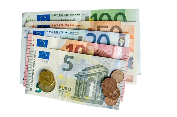 Eurobankbiljetten Met Verschillende Denominaties Munten Geïsoleerd — Stockfoto