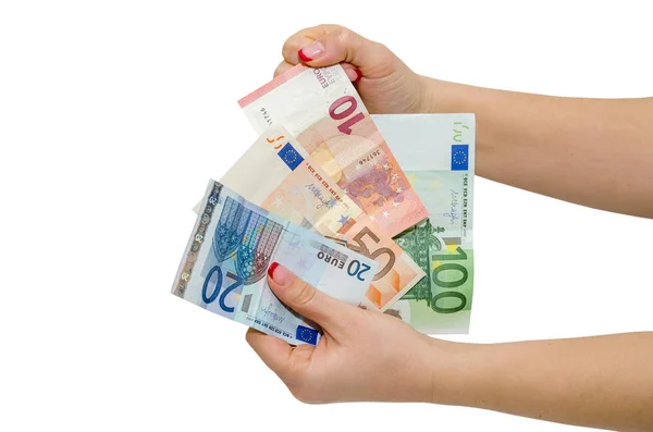 Χέρι Που Διακρατεί Τραπεζογραμμάτια Ευρώ Απομονωμένα Λευκό Χρώμα — Φωτογραφία Αρχείου