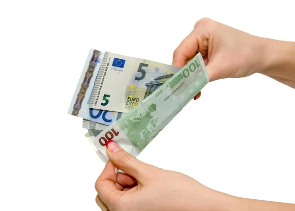 Női Kéz Különböző Euro Izolált Fehér — Stock Fotó