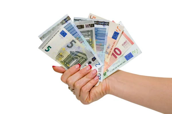 Kézben Tartott Eurobankjegyek Fehér Alapon Elkülönítve — Stock Fotó