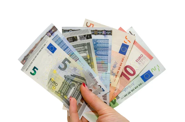 Női Kéz Különböző Euro Izolált Fehér — Stock Fotó