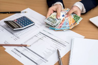kadın el belge ev bütçe lapptop kalem ve hesap makinesi ile Euro para sayma