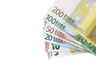 Beyazlara izole edilmiş renkli avro banknotları