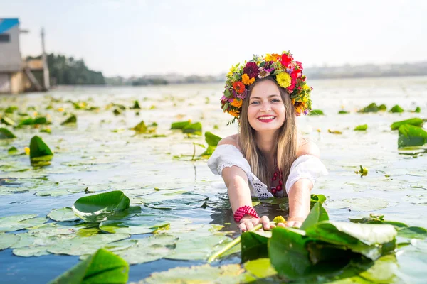 Beautiful Girl Water Lily Standing Water — 스톡 사진