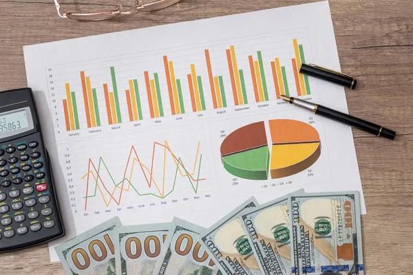 Diagrama Con Dinero Pluma Calculadora Mesa — Foto de Stock