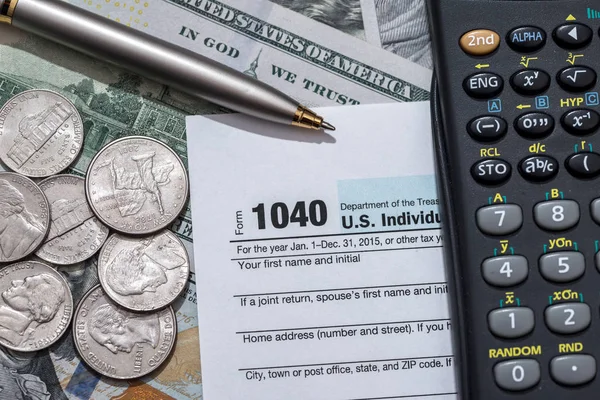 Tax Form Dollar Bills Coin Calculator Pen — Stock Photo, Image