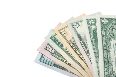 1, 2, 5, 10, 20, 50, 100 dolar faturaları izole beyaz