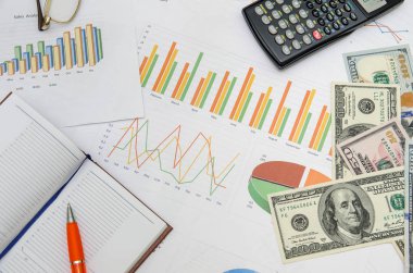 Grafikler ve Grafikler Raporu, hesap makinesi, not defteri, kalem ve para