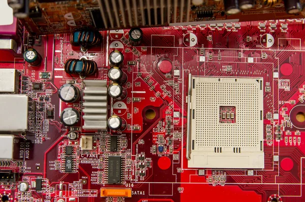 Computer Microcircuit Technology Chips Red Board — 图库照片