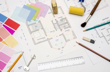 Boyalar, fırçalar ve aksesuarları ile mimari çizim