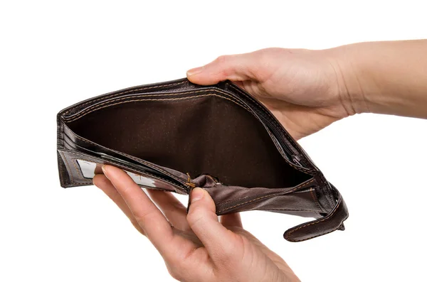 Empty Brown Purse Woman Hands Isolated — Stock Photo, Image