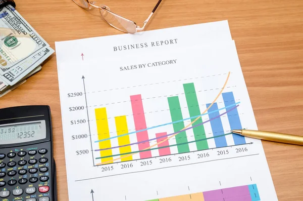 Business charts with money, calculator, glasses and pen