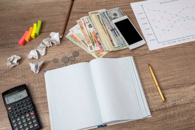finansal konsept - masadaki boş not defteri, hesap makinesi, kalem ve akıllı telefon