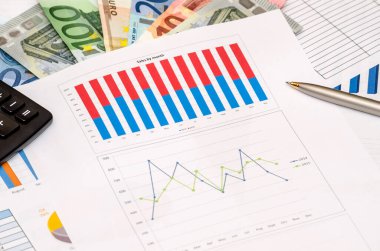 hesap makinesi ve renkli grafik grafik üzerinde kalem