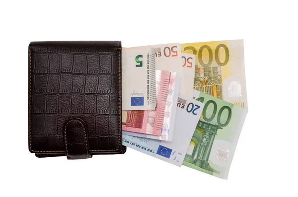 Відкритий Коричневий Гаманець Різними Євро Банкнотами Ізольовано — стокове фото