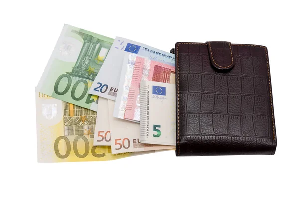 Billetera Marrón Abierta Con Diferentes Billetes Euros Aislados —  Fotos de Stock
