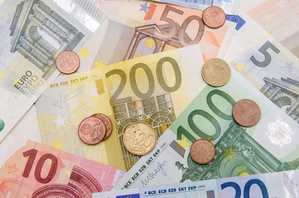 Différents Billets Euros Avec Pièces — Photo