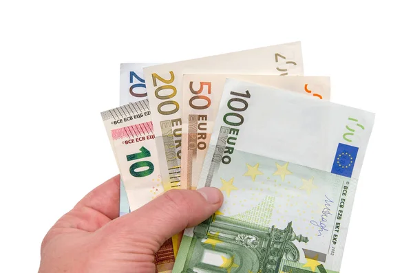Ruční Držení Euro Peníze Izolované — Stock fotografie